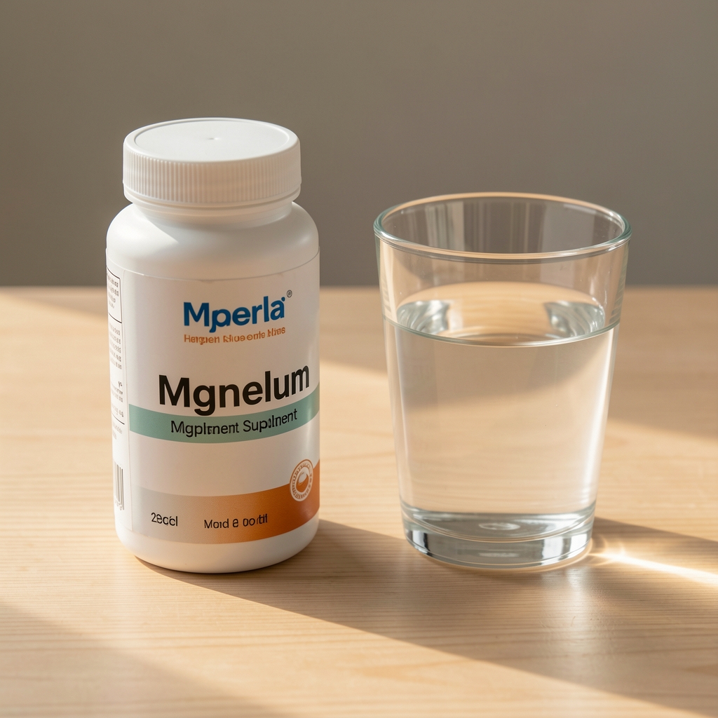 Close-up of magnesium supplement container and a glass of water on a plain wooden surface, soft morning light, editorial still life