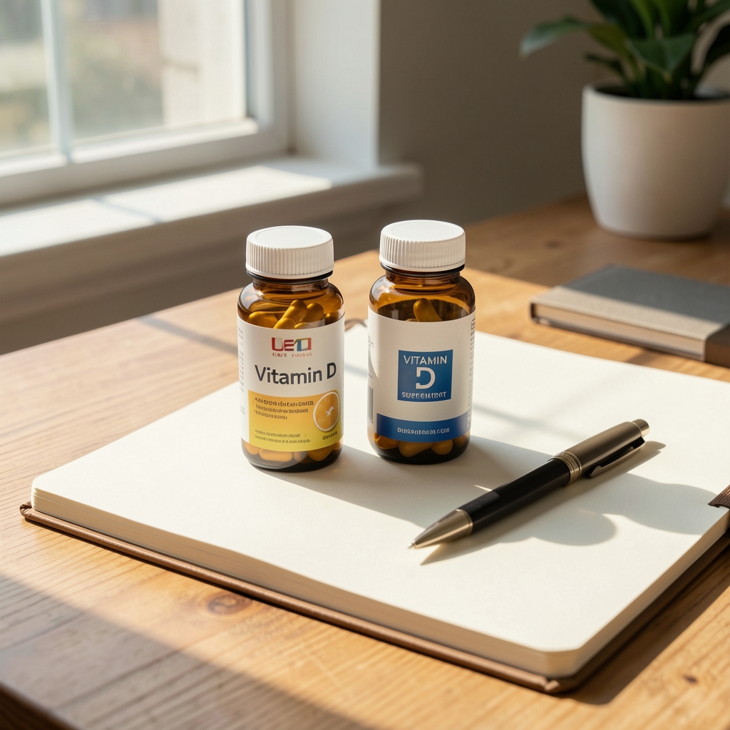 Vitamin D supplement bottles alongside a notebook and pen on a sunlit desk, editorial flat lay with natural light from a window