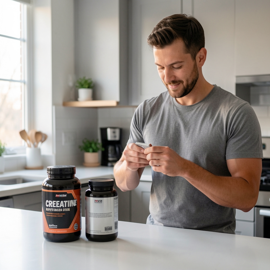 Man preparing morning supplement routine with creatine and protein powder containers on a clean kitchen counter, editorial composition with natural side light