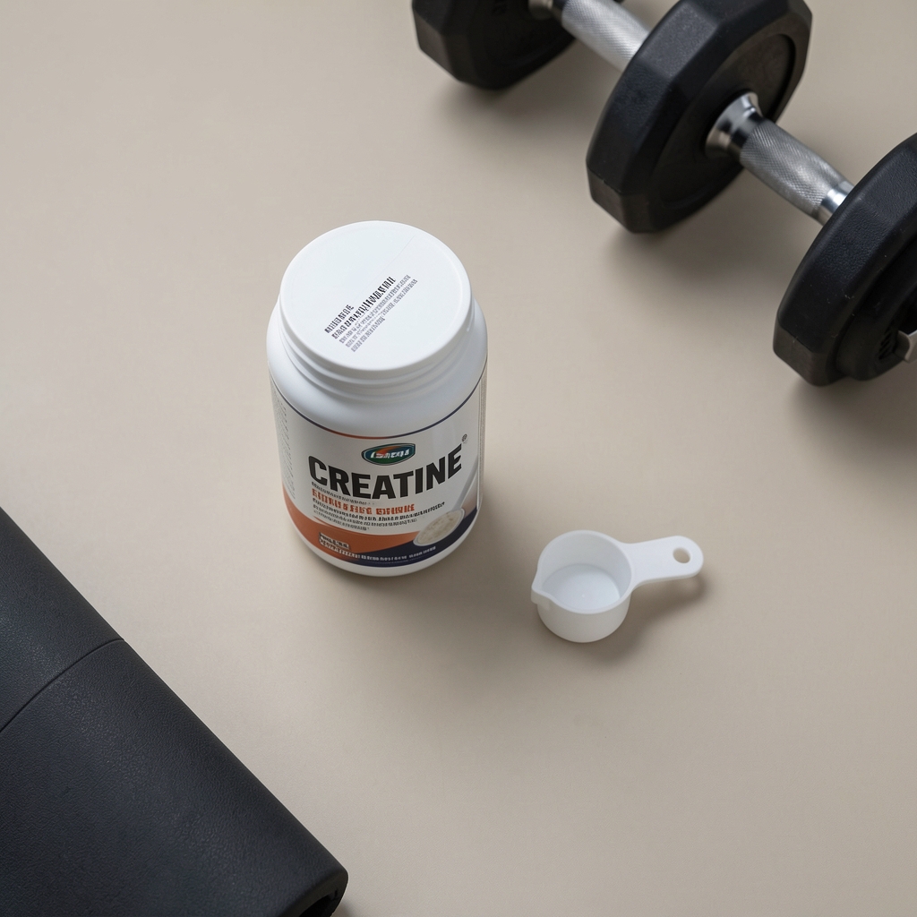Creatine powder container and measuring scoop on a neutral background beside gym equipment, editorial overhead serving