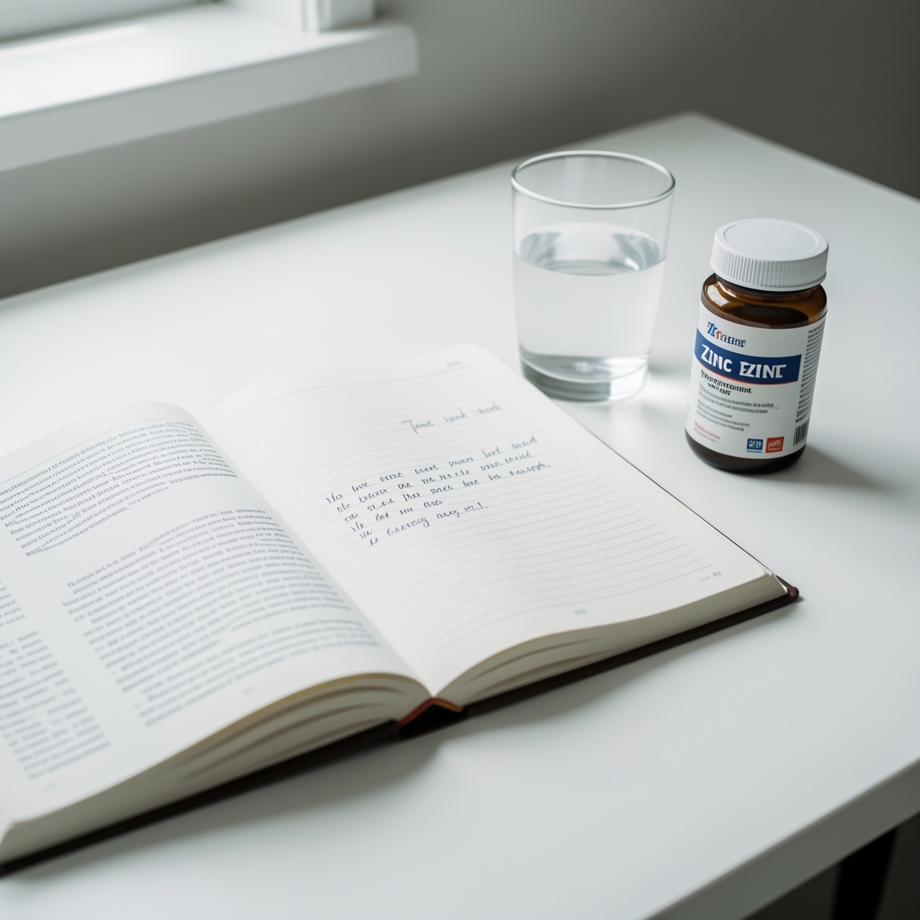 Open journal with handwritten supplement notes beside a glass of water and zinc supplement bottle on a white desk, editorial documentary composition