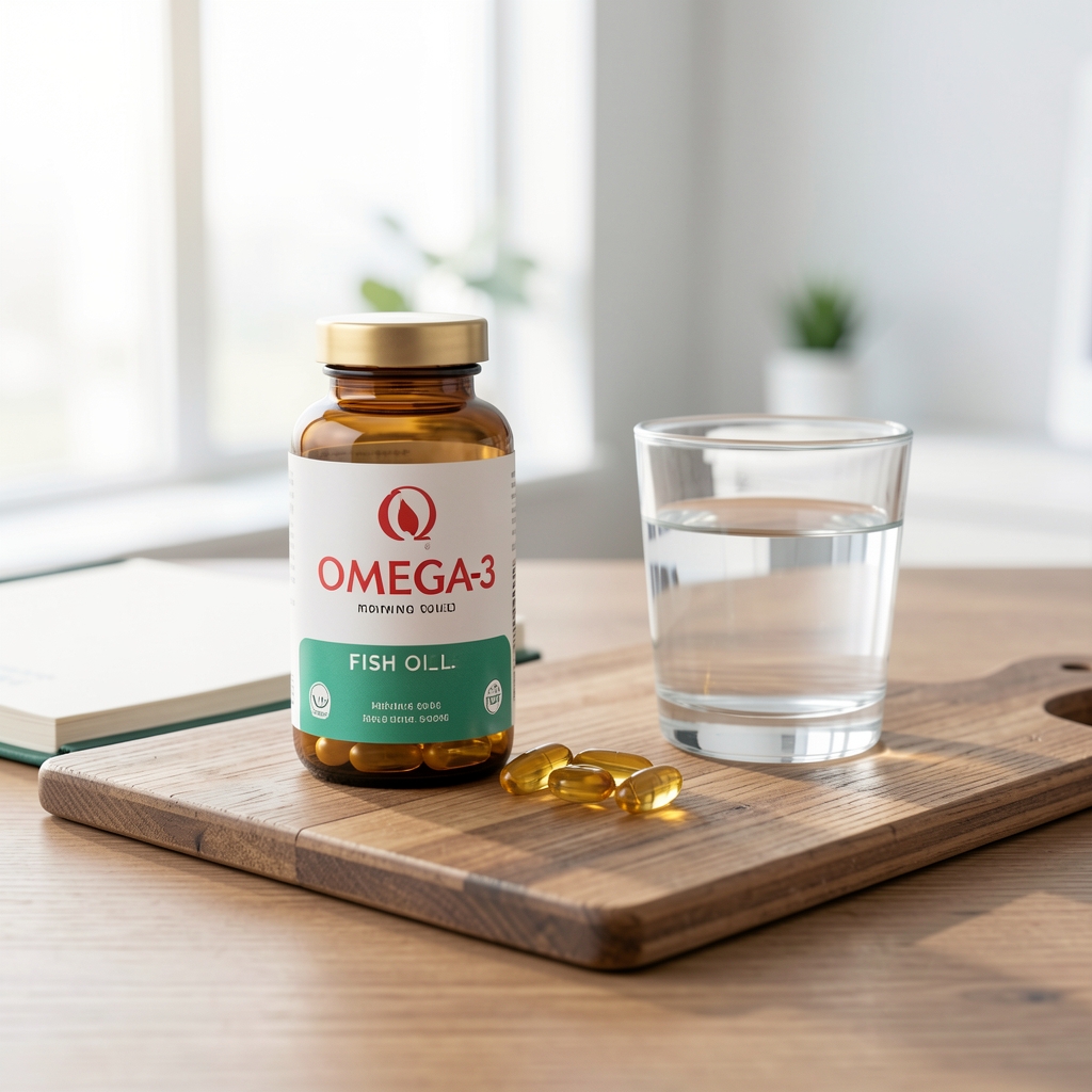 Omega-3 fish oil capsule bottle and a glass of water beside a journal on a wooden surface, morning routine composition with soft daylight