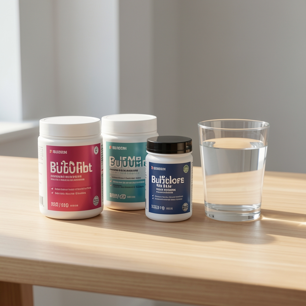 Supplement containers and a glass of water arranged on a clean wooden desk in morning light, minimal editorial composition